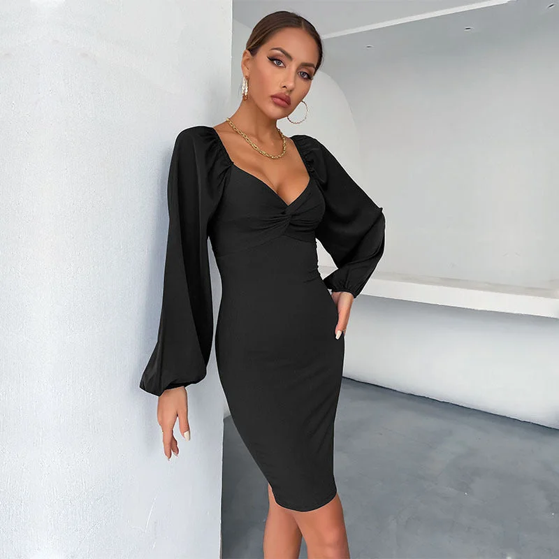 Chic Women's Attire Flowing Silhouette IKEARLAX New popular new product pleated bra skirt long sleeve bubble sleeve sexy hip wrap dress wholesale