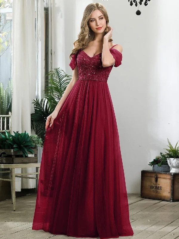 Casual Clothing For Women Effortless Comfort Sequin Bodice Cold Shoulder Floor Length Tulle Bridesmaid Dress