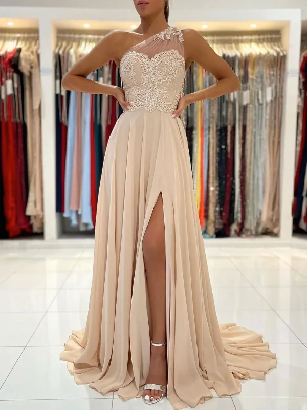 Affordable Women's Clothes Grab Romantic Date - Night Styles Now Champagne chiffon lace long prom dress, champagne bridesmaid dress Y46