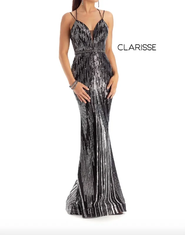 Women's High-Fashion Clothes Romantic Detailing Black And Silver Evening Gown in Black And Silver