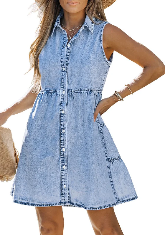 Women's Chic Apparel Flash Sale Roadknight Blue Denim Dress for Women Sleeveless Babydoll Button Down Short Jean Dresses Cute Summer