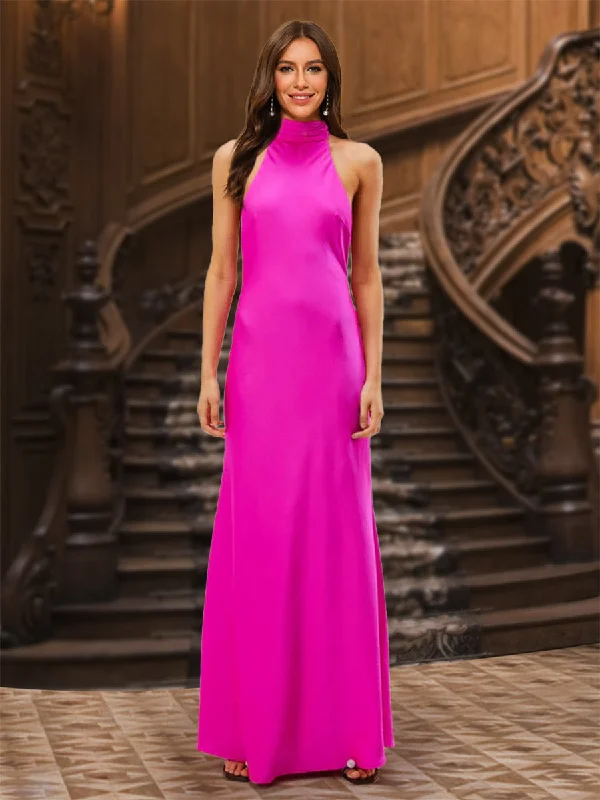 Women's Trendy Clothes Feminine Soft - Hued Styles Sheath/Column Halter Sleeveless Evening Dresses with Ruched