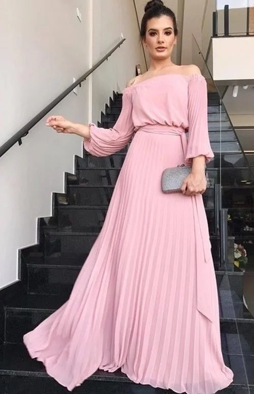 Women's Holiday Apparel Charming Silhouette Pink Pleated Prom Dress With Long Sleeves,Bridesmaid Dress Y5072