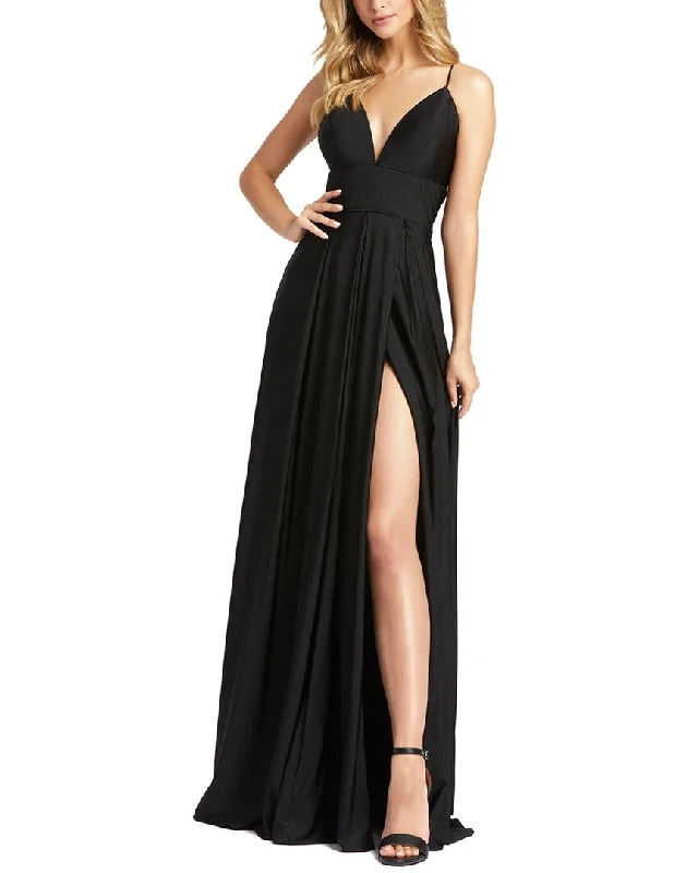 Women's Layered Outfit Flowing Silhouette Mac Duggal Sleeveless Plunge Neck Faux Wrap A-Line Gown