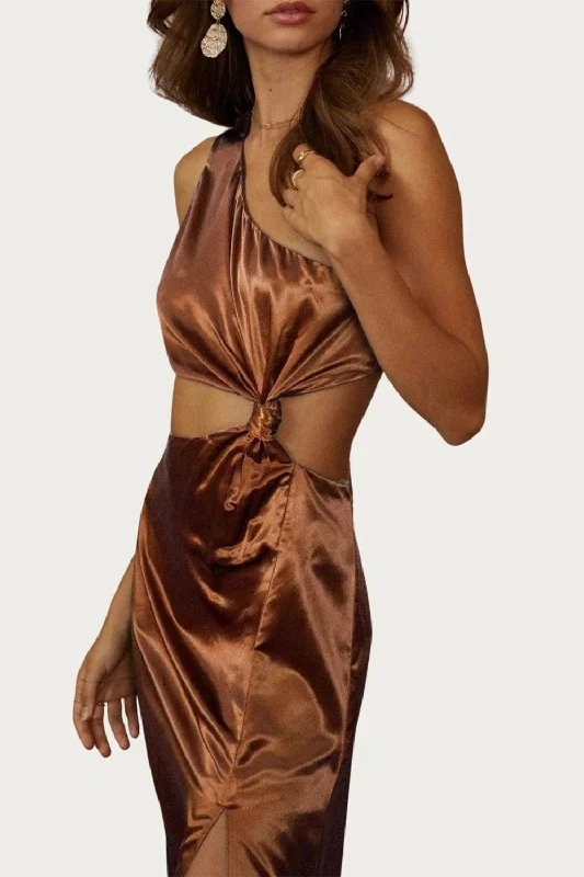 Vintage Clothing For Women Feminine Flow One-Shoulder Satin Cutout Midi Dress In Bronze