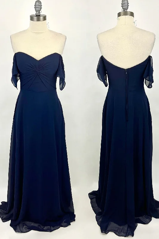 Modern Women's Apparel Final Clearance Knot Off the Shoulder Navy Blue Chiffon Long Bridesmaid Dress