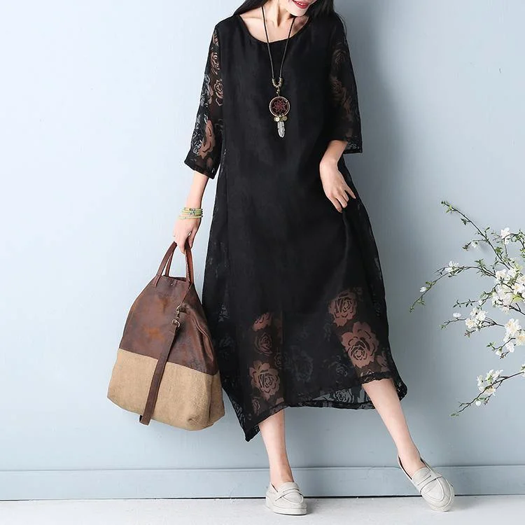 Women's Outfit For The Office Romantic Flair 2024 black hollow out maxi dress o neck Half sleeve bridesmaid dress asymmetric summer dress