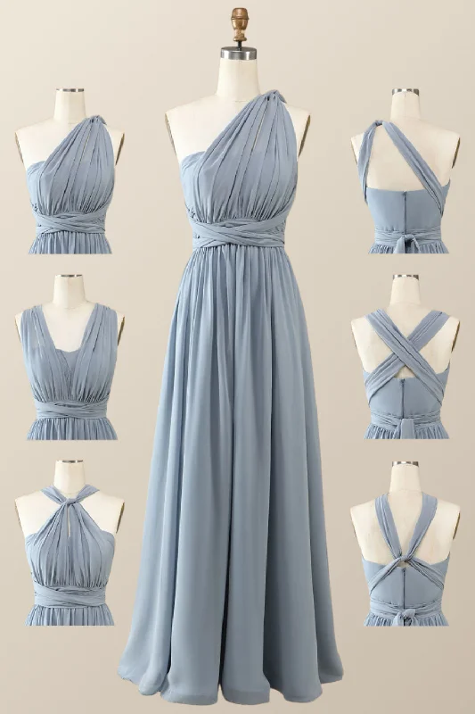 Women's Trendy Attire Romantic Date - Night Ensemble Misty Blue Chiffon Convertible Bridesmaid Dress