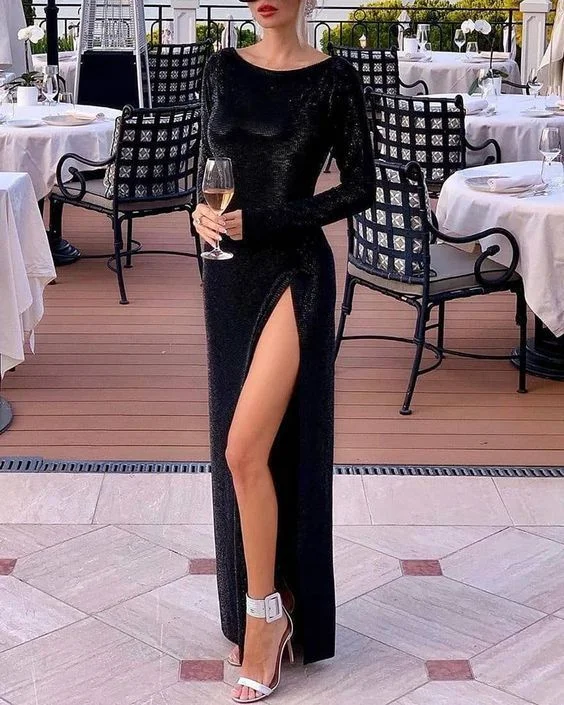 Women's Functional Apparel For Outdoor Activities Flash Sale Black Long Sleeve High Slit Prom Dress   cg14836