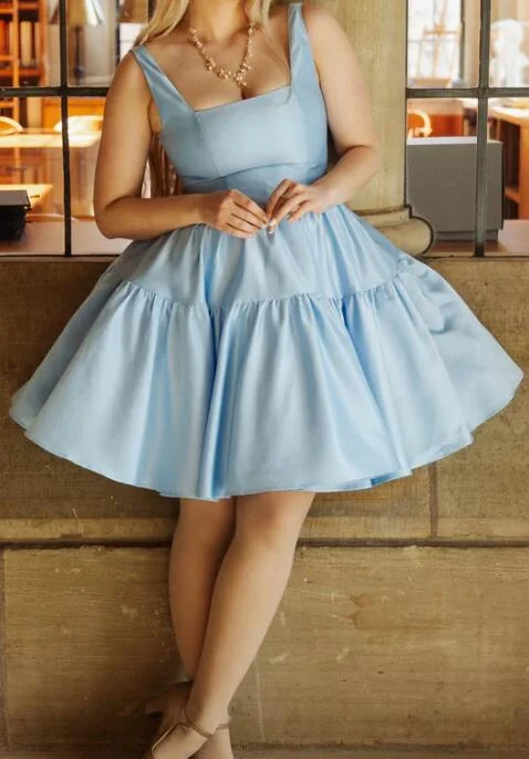 Women's Formal Clothes Soft Textures Ruffles A line Satin  Baby Blue Short Homecoming Dress SP0508