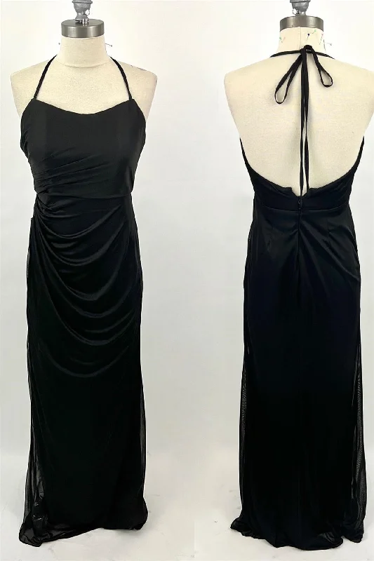 Women's Versatile Apparel Seasonal Trend Halter Straps Black Mermaid Ruched Long Bridesmaid Dress