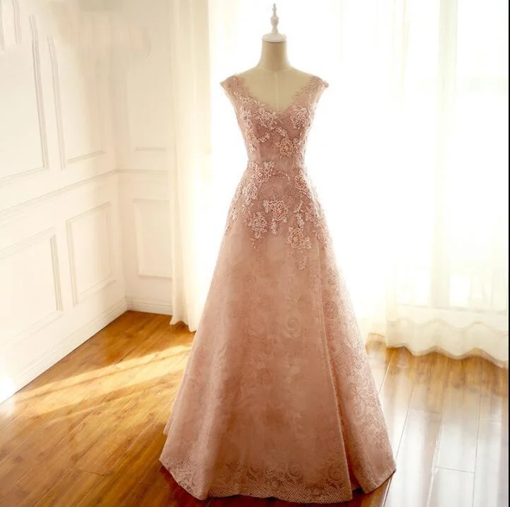 Women's Seasonal Attire Minimalist Office - Ready Style Floor-length V Neck Long Blush Pink Bridal Dresses, Pretty Elegant Most Popular Lace Wedding Dresses, WD0272