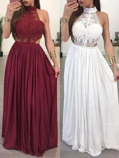 Women's Clothes For The Office Effortless Sophistication Simple Prom Dress, 2020 Burgundy White Lace High Neck Sleeveless Sheath/Column Chiffon Prom Dresses  cg7035