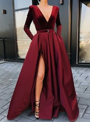 Women's Holiday Attire Ethnic Cultural Event Wear A-Line V-neck Long Sleeves Floor-Length Burgundy Split Prom Dress with Pockets cg1079