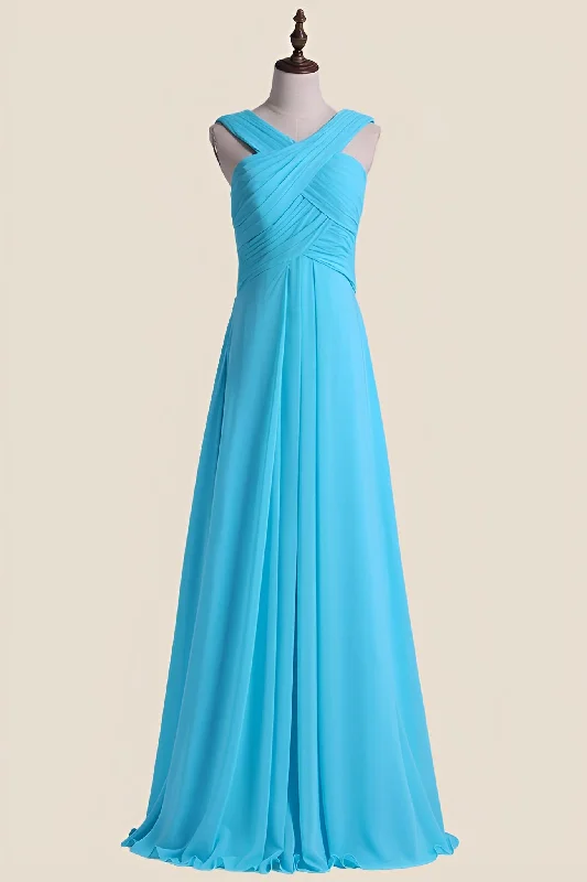 Women's Athletic Garments Mid - Season Sale Cross V Neck Blue Chiffon Long Bridesmaid Dress