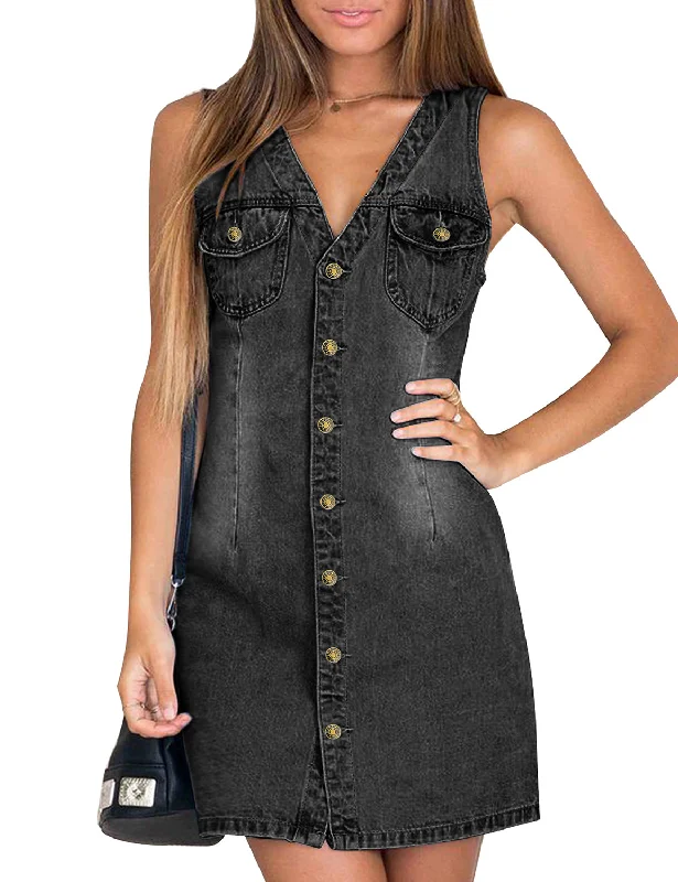 Stylish Women's Outerwear Apparel Weekend Special Women Sleeveless V Neck Button Down Frayed Hem Short Denim Dress