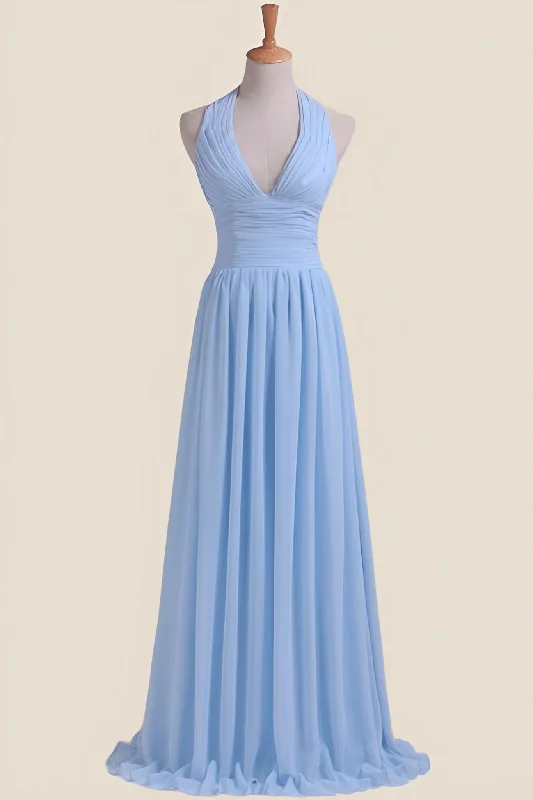 Women's Activewear Garments Feminine Elegant Halter Light Blue Chiffon A-line Long Bridesmaid Dress