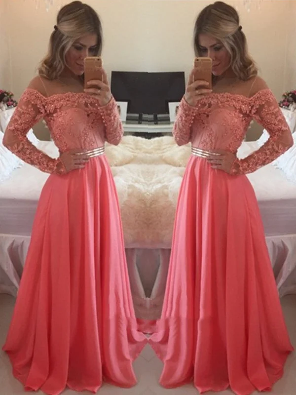 Women's Tailored Outfit Chic Urban Fashion Look Custom Made A Line Floor Length Long Sleeves Coral Lace Prom Dress, Coral Lace Bridesmaid/Formal Dresses