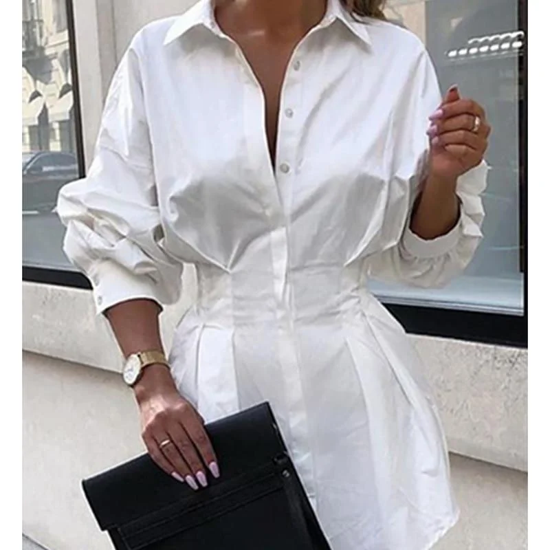 Women's Tailored Outfit Feminine Soft - Hued Look FashionSierra - Turn down collar white shirt dress women Long sleeve high waist plunge dress Elegant button design dresses vestidos autumn