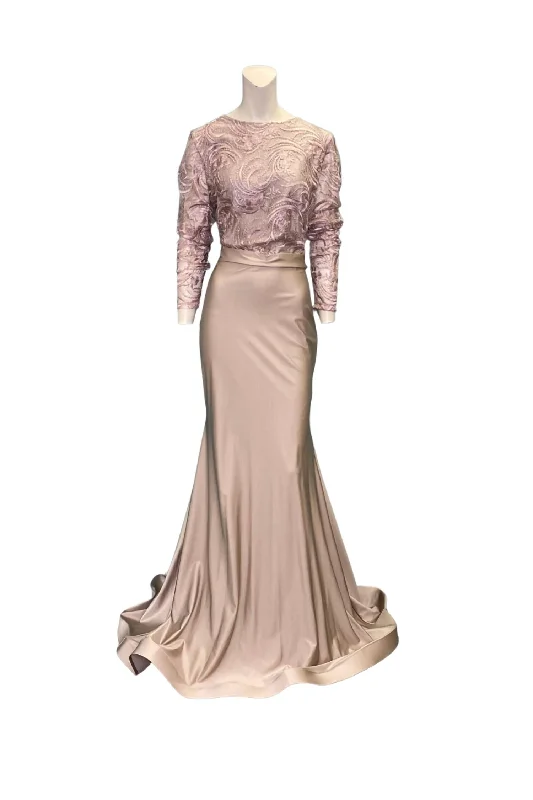 Women's Casual Apparel For Weekends Limited - Time Bundle Long Sleeve Lace Evening Gown in Blush