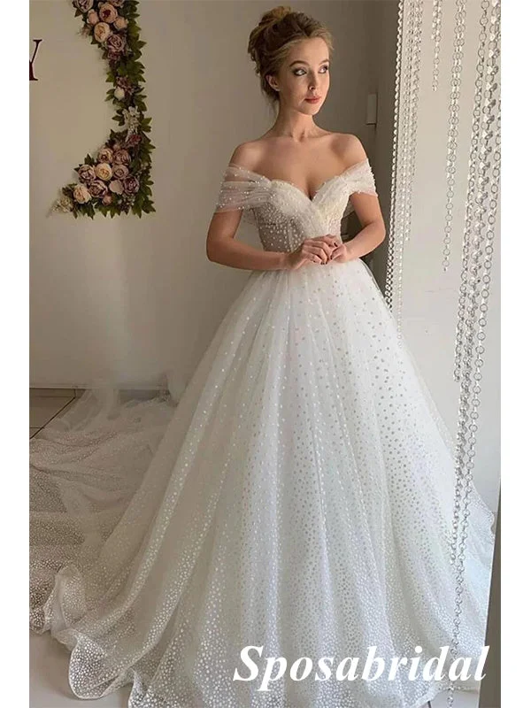 Affordable Women's Garments Effortless Comfort Elegant Off Shoulder V-Neck Sleeveless A-Line Long Wedding Dresses, WD3103