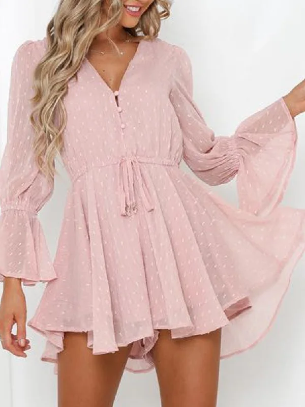 Stylish Women's Clothing Minimalist Office - Ready Style Summer Long Sleeve Pink Chiffon Mini Pleated Dress