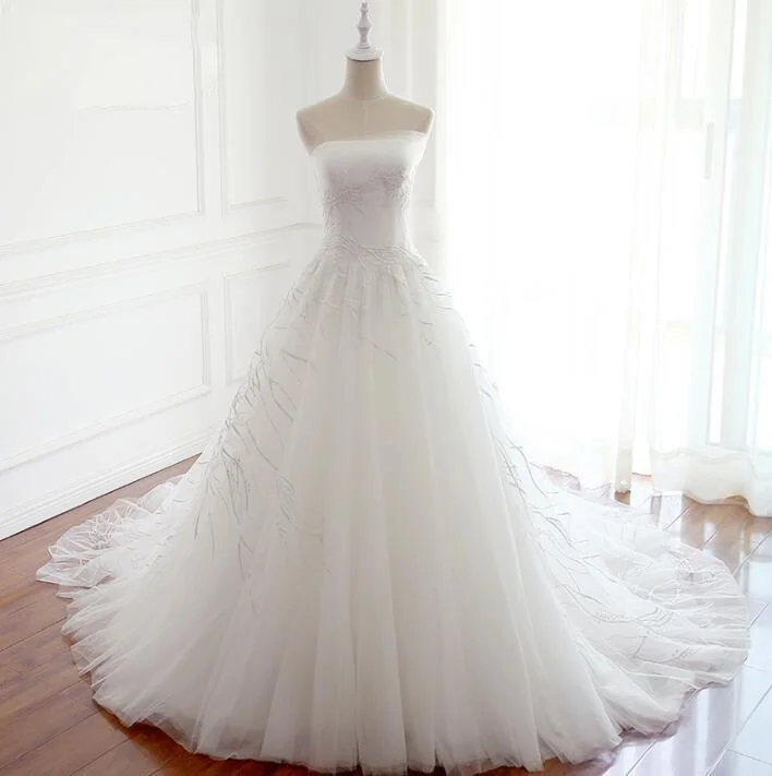 Women's High-End Clothing Grab Romantic Date - Night Styles Now White Long Handmade Popular Wedding Dresses, Elegant Lace Up Beautiful Bridal Gowns, WD0296