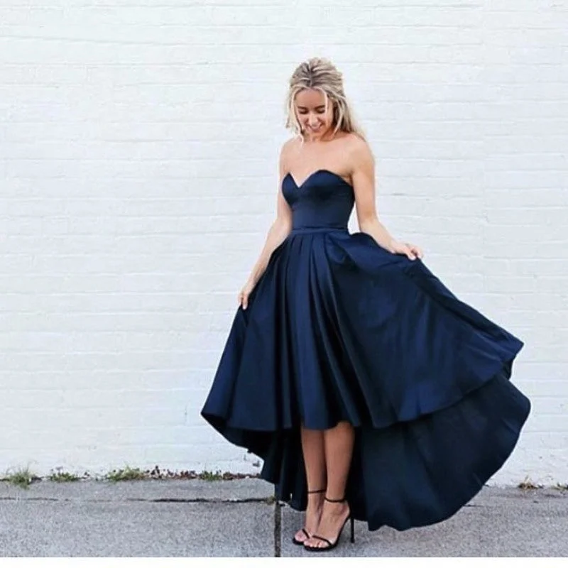 Women's Travel Apparel Limited - Time Bundle Sweetheart Navy Blue Front Short Long Back Satin Prom Dresses formal Gown party Dress