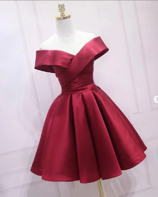 Women's Everyday Apparel Flowing Silhouette Burgundy Short Prom Dress ,Off Shoulder Satin A Line Short Graduation Homecoming Dress SP09013