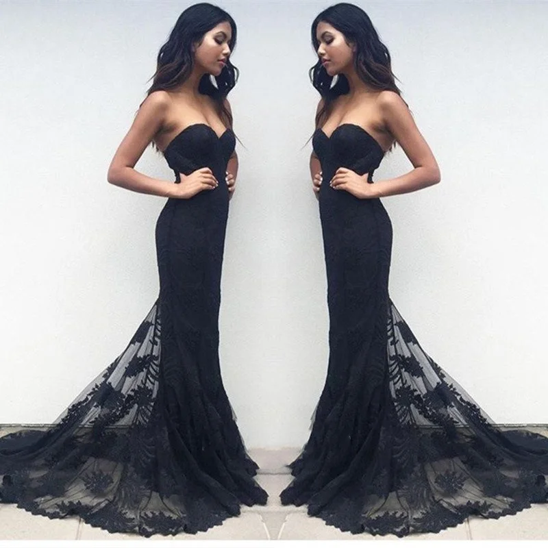 Women's Trendy Outfit Modern Romance Sweetheart Neck Black Lace Prom Dresses, Black Lace Formal Dresses, Bridesmaid Dresses