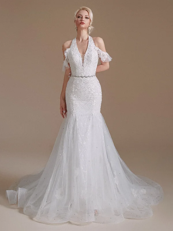 Classic Women's Apparel Save on Classic Elegant Styles Halter Lace Beaded Wedding Dresses, Mermaid Wedding Dresses, Bridal Gown, Newest Wedding Dresses