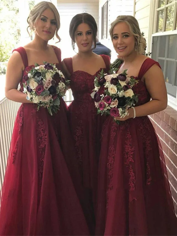 Women's Elegant Outfit Bold Patterns Custom Made Lace Long Maroon Prom Dresses With Straps, Maroon Lace Bridesmaid Dresses With Straps