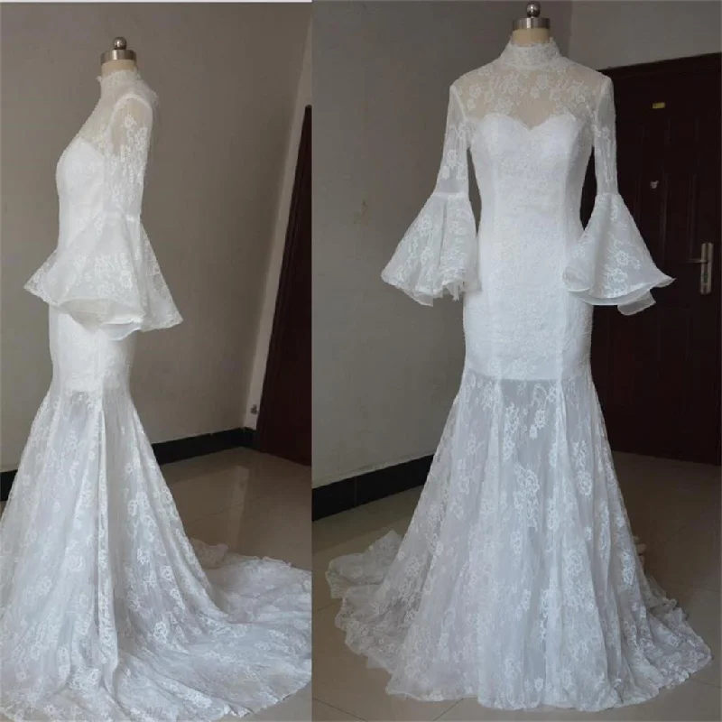 Stylish Women's Garments For Holidays Effortless Style Long Sleeves High Neck  Lace Unique Stunning Glamorous Wedding Dress, Bridals Dress, WD0255