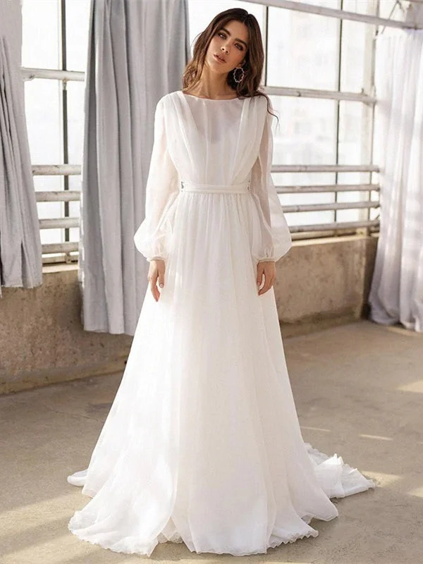 Women's Trendy Apparel Great Deals on Ethnic Cultural Wear Boho Ivory Chiffon Long Wedding Dresses, Bridal Gown, A-line Wedding Dresses, Affordable Wedding Dresses