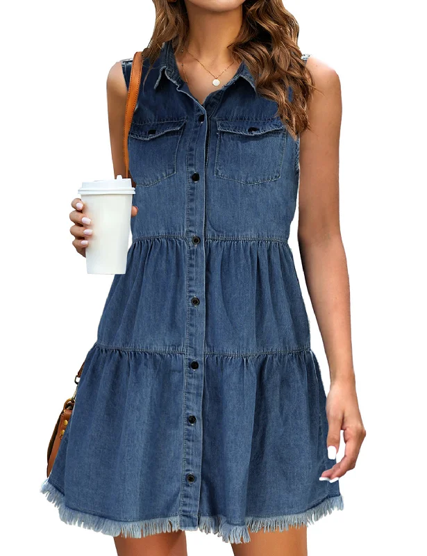 Women's Professional Apparel Today Only Deep Cobalt Blue Button Down Collar Sleeveless Tiered Denim Dress