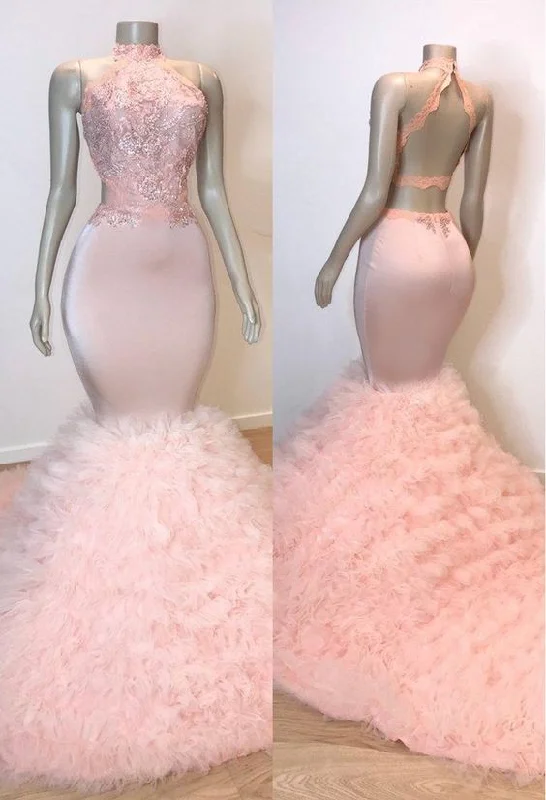 Chic Clothes For Women Dreamy Aesthetic Pink Halter Sleeveless Mermaid Prom Dresses   cg13620