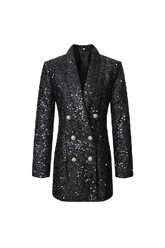 Women's Evening Clothes Graceful Cut Sparkly Lapel Long Sleeve Double Breasted Longline Sequin Party Blazer