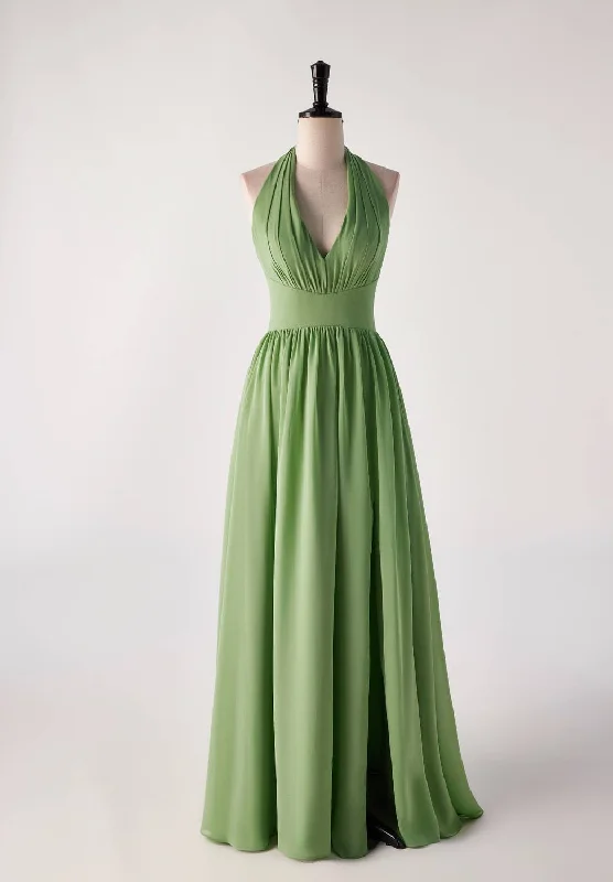 Modern Women's Attire Rustic Countryside Charm Look Halter V Neck Matcha Green Long Bridesmaid Dress