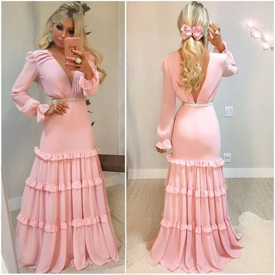 Women's Travel Garments Artful Design Pink Long sleeves Chiffon Prom Dress , Open Back Long Prom Dress   cg10026