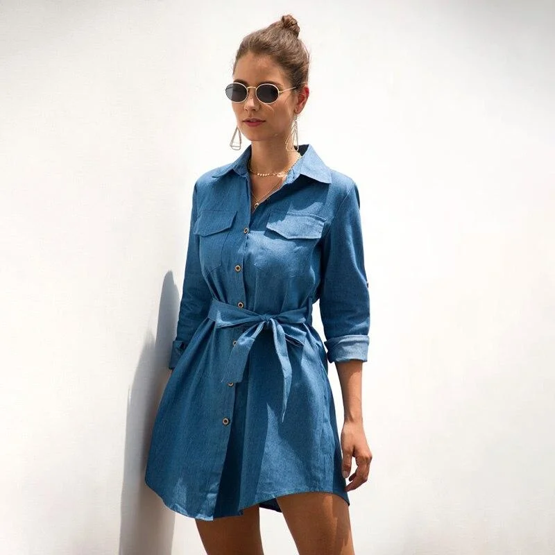 Women's Holiday Attire Feminine Elegant FashionSierra - Casual Women Pockets Button Sashes Shirt Dress