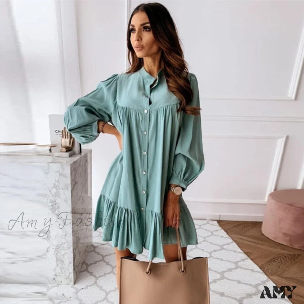 Women's Evening Attire Graceful Movement Amy Fashion - Long Sleeve Stand Collar Solid Elegant Dress