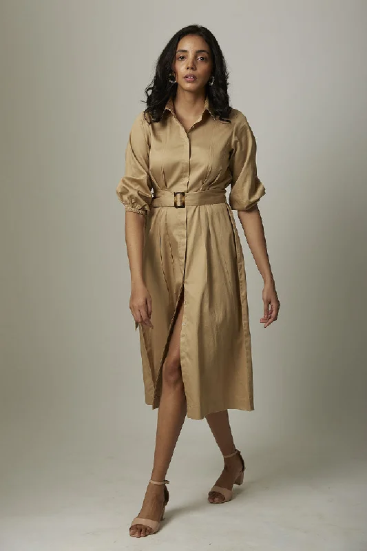 Women's Elegant Formal Outfit Y2K Nostalgic Fashion Look Gold Tucked Waist Shirt Dress