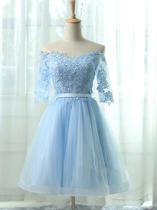 Women's Formal Event Clothing Timeless Elegant Cute Lace Short Light Blue Prom Dresses, Light Blue Homecoming Dresses, Bridesmaid Dresses