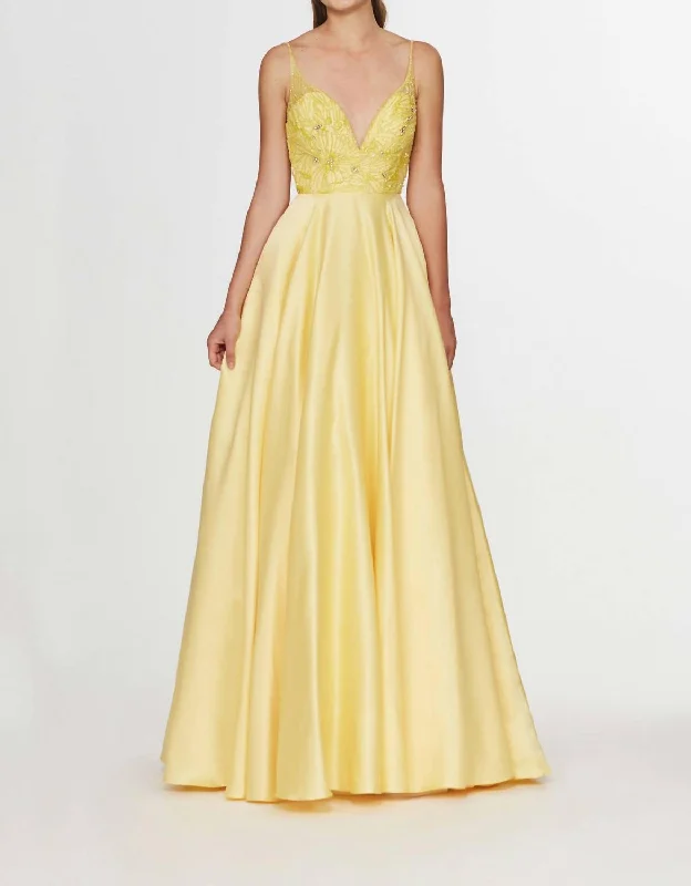 Affordable Luxury Women's Apparel Final Clearance Sleeveless Low Scoop Back Beaded Satin Gown In Yellow