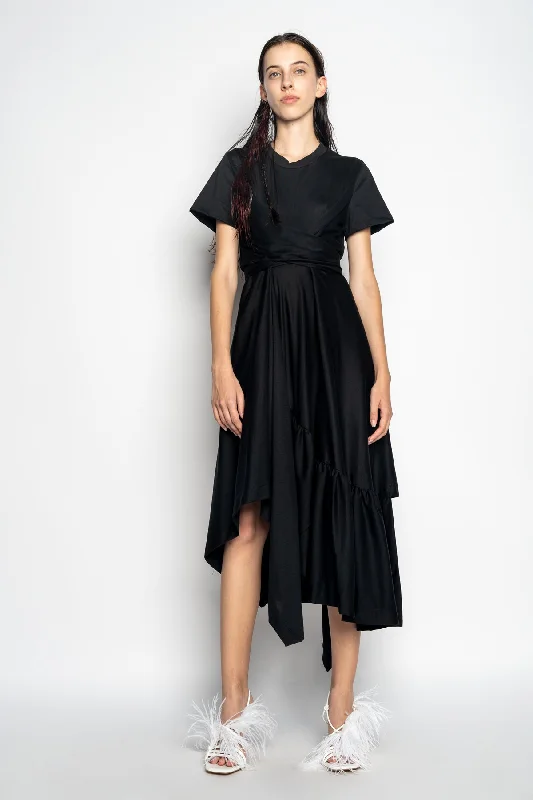 Women's Fashion Clothes Modern Romance BLACK CROSS WAIST DRAPE T-SHIRT DRESS