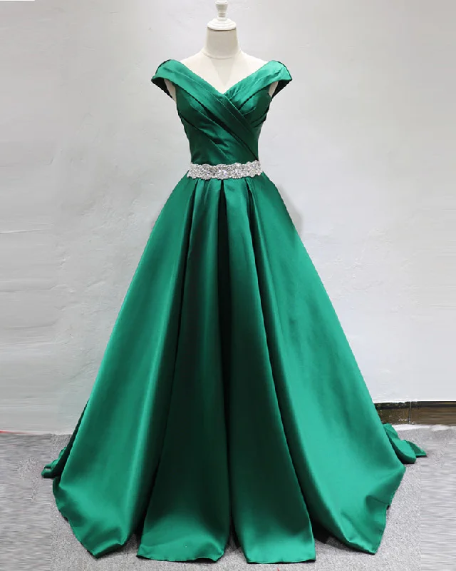 Comfortable Women's Clothes Flowy Fabric Green A Line Satin Prom Dresses Long Formal Graduation  Gown with Belt LP654