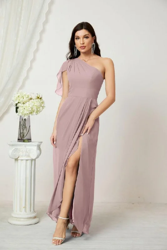 Stylish Women's Garments For Holidays Graceful Cut Numbersea  Chiffon Ruffled One Shoulder Long Bridesmaid Dresses A-line Formal Evening Gown Side Split 2809