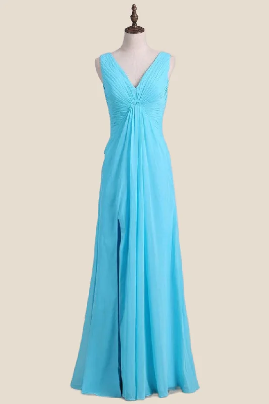 Formal Garments For Women Save on Classic Elegant Styles V Neck Blue Chiffon A-line Long Bridesmaid Dress