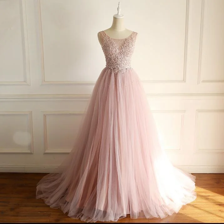 Women's Layered Outfit Vintage Charm Scoop Dusty Pink Fashion Modest Wedding Dresses, Beading Tulle High Quality Free Custom Prom Dresses, WD0287