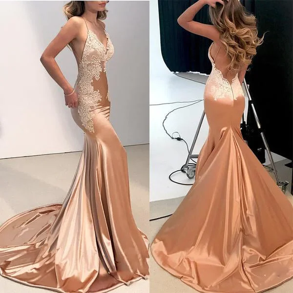 Women's Trendy Apparel Weekend Special Rose Gold Satin Lace Evening Dress Long Party Gown Mermaid Prom Dresses 2018